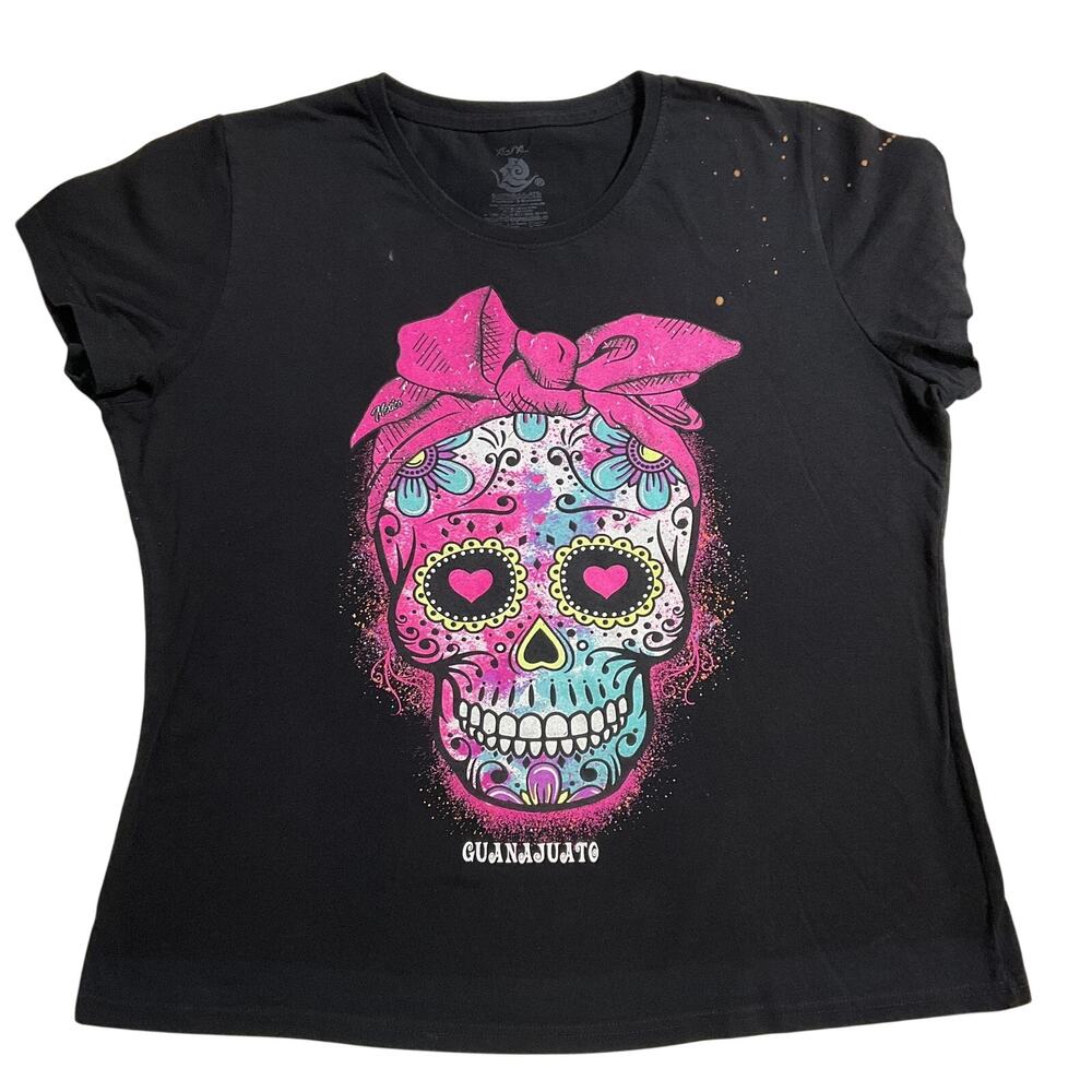 Expressarte Women Shirt Size XL Black Graphic Print Sugar Skull Short Sleeve